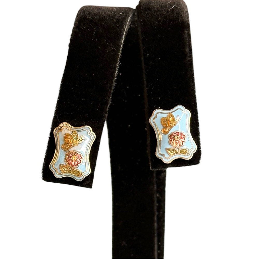 Vintage Dainty Cloissone Butterfly Floral Stud Earrings